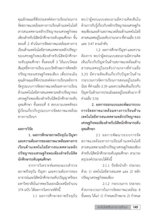 149เทคโนโลยีสื่อสารการศึกษา
คุณลักษณะที่พึงประสงค์ต่อการเรียนก่อนการ
จัดสภาพแวดล้อมทางการเรียนด้านเทคโนโลยี
สารสนเทศตามหลักปรัชญาของเศรษฐกิจพอ
เพียงส�ำหรับนิสิตนักศึกษาระดับอุดมศึกษา ขั้น
ตอนที่ 2 ด�ำเนินการจัดสภาพแวดล้อมทางการ
เรียนด้านเทคโนโลยีสารสนเทศตามหลักปรัชญา
ของเศรษฐกิจพอเพียงส�ำหรับนิสิตนักศึกษา
ระดับอุดมศึกษา ขั้นตอนที่ 3 ใช้แบบวัดผล
สัมฤทธิ์ทางการเรียน แบบวัดทักษะการคิดหลัก
ปรัชญาของเศรษฐกิจพอเพียง เพื่อประเมิน
คุณลักษณะที่พึงประสงค์ต่อการเรียนหลังการ
จัดรูปแบบการจัดสภาพแวดล้อมทางการเรียน
ด้านเทคโนโลยีสารสนเทศตามหลักปรัชญาของ
เศรษฐกิจพอเพียงส�ำหรับนิสิตนักศึกษาระดับ
อุดมศึกษา ขั้นตอนที่ 4 สอบถามเจตคติของ
ผู้เรียนเกี่ยวกับรูปแบบการจัดสภาพแวดล้อม
ทางการเรียนฯ
ผลการวิจัย
	 1.	ผลการศึกษาสภาพปัจจุบันปัญหา
และความต้องการของสภาพแวดล้อมทางการ
เรียนด้านเทคโนโลยีสารสนเทศตามหลัก
ปรัชญาของเศรษฐกิจพอเพียงส�ำหรับนิสิต
นักศึกษาระดับอุดมศึกษา
	 จากการวิเคราะห์ผลของแบบส�ำรวจ
สภาพปัจจุบัน ปัญหา และความต้องการของ
อาจารย์และนิสิตนักศึกษาระดับปริญญาตรีของ
มหาวิทยาลัยในภาคตะวันออกเฉียงเหนือจ�ำนวน
374 ฉบับ ได้ผลการวิเคราะห์ดังนี้
	 	 1.1	 ผลการศึกษาสภาพปัจจุบัน
พบว่าผู้ตอบแบบสอบถามมีความคิดเห็นใน
ด้านการรับรู้เกี่ยวกับหลักปรัชญาของเศรษฐกิจ
พอเพียงและด้านสภาพแวดล้อมด้านเทคโนโลยี
สารสนเทศอยู่ในระดับปานกลางที่ค่าเฉลี่ย3.43
และ 3.47 ตามล�ำดับ
	 	 1.2	 ผลการศึกษาปัญหาและความ
ต้องการ พบว่าผู้ตอบแบบสอบถามมีความคิด
เห็นเกี่ยวกับปัญหาในด้านสภาพแวดล้อมด้าน
สารสนเทศอยู่ในระดับปานกลางที่ค่าเฉลี่ย
3.25 มีความคิดเห็นเกี่ยวกับปัญหาในด้าน
กระบวนการจัดการเรียนการสอนอยู่ในระดับ
น้อย ที่ค่าเฉลี่ย 2.39 และความคิดเห็นเกี่ยวกับ
ปัญหาในด้านการประเมินผลอยู่ในระดับมาก ที่
ค่าเฉลี่ย 3.56
	 2.	ผลการออกแบบและพัฒนาระบบ
การจัดสภาพแวดล้อมทางการเรียนด้าน
เทคโนโลยีสารสนเทศตามหลักปรัชญาของ
เศรษฐกิจพอเพียงส�ำหรับนิสิตนักศึกษาระดับ
อุดมศึกษา
	 	 2.1	 ผลการพัฒนาระบบการจัด
สภาพแวดล้อมทางการเรียนด้านเทคโนโลยี
สารสนเทศตามหลักปรัชญาเศรษฐกิจพอเพียง
ส�ำหรับนิสิตนักศึกษาระดับอุดมศึกษา สามารถ
สรุปองค์ประกอบได้ดังนี้
	 	 	 2.1.1	 ปัจจัยน�ำเข้า ประกอบ
ด้วย 1) เทคโนโลยีสารสนเทศ และ 2) หลัก
ปรัชญาเศรษฐกิจพอเพียง
	 	 	 2.1.2	 กระบวนการ ประกอบ
ด้วยกระบวนการในการจัดสภาพแวดล้อม 8
ขั้นตอน ได้แก่ 1) ก�ำหนดเป้าหมาย 2) ก�ำหนด
 