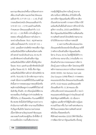 เทคโนโลยีสื่อสารการศึกษา194
ผลงานมาดัดแปลงเกิดชิ้นงานให้แตกต่างจาก
เพื่อน ส่วนด้านมีความแปลกใหม่ มีคะแนน
เฉลี่ยเท่ากับ 3.77 (ค่า S.D. = 1.14), ด้านมี
รายละเอียดน่าสนใจ มีคะแนนเฉลี่ยเท่ากับ
3.70 (ค่า S.D. = 0.79) และด้านเสร็จทัน
กาหนดเวลา มีคะแนนเฉลี่ยเท่ากับ 3.13
(ค่า S.D. = 1.50) ซึ่งทั้ง 4 ด้านนี้อยู่ในการ
ทดสอบ หรืออยู่ในขั้นของการดาเนินการ
ระหว่างเรียนร้อยละ 78.61 สรุปค่าผลรวม
เฉลี่ยรวมทั้งหมดเท่ากับ 14.50 (ค่า S.D. =
2.96) และเมื่อหาประสิทธิภาพของสื่อการ์ตูน
แอนิเมชันโดยใช้นิทานเพื่อส่งเสริมความคิด
สร้างสรรค์ ของนักเรียนจานวน 30 คน ทา
แบบฝึกหัดระหว่างเรียนด้วยสื่อการ์ตูน
แอนิเมชันโดยใช้นิทานที่สร้างขึ้นได้ถูกต้อง
ร้อยละ 78.61 และทาแบบฝึกหัดหลังเรียนได้
ถูกต้อง ร้อยละ 85.75 ดังนั้น สื่อการ์ตูน
แอนิเมชันโดยใช้นิทานดังกล่าวมีประสิทธิภาพ
เท่ากับ 78.61/85.75 มีการพิจารณาการผ่าน
เกณฑ์ เนื่องจากเกณฑ์ที่ตั้งไว้เป็นเกณฑ์ต่าสุด
ดังนั้นหากการทดสอบคุณภาพของสิ่งใดหรือ
พฤติกรรมใดได้ผลสูงกว่าเกณฑ์ที่ตั้งไว้อย่างมี
นัยสาคัญ ที่ระดับ .05 หรืออนุโลมให้มีความ
คลาดเคลื่อน ต่าหรือสูงกว่าค่าประสิทธิภาพ
ที่ตั้งไว้เกิน 2.5 ซึ่งสอดคล้อง กับเกณฑ์ที่ตั้งไว้
คือ 80/80 ดังนั้นจึงทาให้ปัญหาระหว่างการ
ดาเนินงานการสร้างสื่อฯ สามารถแก้ไขได้ตรง
กับปัญหาที่แท้จริง โดยสามารถถ่ายทอด
เนื้อหาได้ตรงตามวัตถุประสงค์ ชัดเจนและ
เหมาะสมกับระดับของผู้เรียน อีกทั้งสื่อฯ มี
ความเคลื่อนไหว รวมทั้งเสียงประกอบ
กระตุ้นให้ผู้เรียนเกิดการเรียนรู้ สามารถ
อธิบายเรื่องราวที่ซับซ้อน เข้าใจได้ง่ายขึ้น
เพราะสื่อการ์ตูนแอนิเมชัน มีทั้งภาพ เสียง
เป็นองค์ประกอบหลัก จากผลการวิจัยการใช้
แอนิเมชันเป็นสื่อในด้านของการศึกษา(อ้างใน
สุภัชรา อวบอ้วน, 2555) แสดงให้เห็นว่า
สื่อการ์ตูนแอนิเมชันโดยใช้นิทานเพื่อส่งเสริม
ความคิดสร้างสรรค์ มีประสิทธิภาพสามารถ
นาไปใช้ประกอบการเรียนการสอนได้
2. ผลการเปรียบเทียบคะแนนก่อน
เรียนและหลังเรียนของนักเรียนชั้นอนุบาลปีที่
3 หลังจากเรียนด้วยสื่อการ์ตูนแอนิเมชัน
นิทาน จานวน 30 คน โดยที่ผู้วิจัยได้ทาการ
แบ่งกิจกรรม ออกมาเป็น 2 ส่วนนั่นคือ การ
เรียนด้วยกิจกรรม ตามของแผนการจัดการ
เรียนรู้ และการเรียนจากสื่อฯ โดยประยุกต์ใช้
หลักการออกแบบระบบการเรียนการสอนของ
ADDIE MODEL ของ Barbara Seel และ
Zita Glasgow (1998) ซึ่งพบว่า การทดสอบ
คะแนนของนักเรียน มีคะแนนก่อนเรียนเฉลี่ย
เท่ากับ 10.22 คะแนน และมีคะแนนหลัง
เรียนเฉลี่ยเท่ากับ 11.38 คะแนน เมื่อ
เปรียบเทียบระหว่างคะแนนสอบทั้ง 2 พบว่า
คะแนนสอบหลังเรียนสูงกว่าก่อนเรียนอย่างมี
นัยสาคัญทางสถิติที่ระดับ .05 เนื่องจาก
ครูผู้สอน และสื่อฯทาให้ผู้เรียนมีความรู้และ
ความเข้าใจมากขึ้น ในการสร้างสรรค์ผลงาน
ที่ทาในแบบทดสอบวัดความคิดสร้างสรรค์
หลังเรียน ซึ่งสอดคล้องกับ
ศิริลักษณ์ คลองข่อย (2555) ได้ทาวิจัยเรื่อง
การพัฒนานิทานการ์ตูนแอนิเมชัน เรื่องอยู่
 