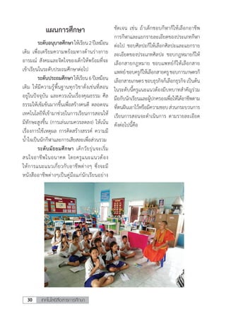 เทคโนโลยีสื่อสารการศึกษา30
แผนการศึกษา
	 ระดับอนุบาลศึกษาให้เรียน2ปีเหมือน
เดิม เพื่อเตรียมความพร้อมทางด้านร่างกาย
อารมณ์ สังคมและจิตใจของเด็กให้พร้อมที่จะ
เข้าเรียนในระดับประถมศึกษาต่อไป
	 ระดับประถมศึกษาให้เรียน6ปีเหมือน
เดิม ให้มีความรู้พื้นฐานทุกวิชาดั่งเช่นที่สอน
อยู่ในปัจจุบัน และควรเน้นเรื่องคุณธรรม ศีล
ธรรมให้เข้มข้นมากขึ้นเพื่อสร้างคนดี ตลอดจน
เทคโนโลยีที่เข้ามาช่วยในการเรียนการสอนให้
มีทักษะสูงขึ้น (การเล่นเกมควรลดลง) ให้เน้น
เรื่องการใช้เหตุผล การคิดสร้างสรรค์ ความมี
น�้ำใจเป็นนักกีฬาและการเสียสละเพื่อส่วนรวม
	 ระดับมัธยมศึกษา เด็กวัยรุ่นจะเริ่ม
สนใจอาชีพในอนาคต โดยครูแนะแนวต้อง
ให้การแนะแนวเกี่ยวกับอาชีพต่างๆ ซึ่งจะมี
หนังสืออาชีพต่างๆเป็นคู่มือแก่นักเรียนอย่าง
ชัดเจน เช่น ถ้าเด็กชอบกีฬาก็ให้เลือกอาชีพ
การกีฬาและแยกรายละเอียดของประเภทกีฬา
ต่อไป ชอบศิลปะก็ให้เลือกศิลปะและแยกราย
ละเอียดของประเภทศิลปะ ชอบกฎหมายก็ให้
เลือกสายกฎหมาย ชอบแพทย์ก็ให้เลือกสาย
แพทย์ชอบครูก็ให้เลือกสายครูชอบการเกษตรก็
เลือกสายเกษตรชอบธุรกิจก็เลือกธุรกิจเป็นต้น
ในระดับนี้ครูแนะแนวต้องมีบทบาทส�ำคัญร่วม
มือกับนักเรียนและผู้ปกครองเพื่อให้ได้อาชีพตาม
ที่ตนฝันเอาไว้หรือมีความชอบส่วนกระบวนการ
เรียนการสอนจะด�ำเนินการ ตามรายละเอียด
ดังต่อไปนี้คือ
 