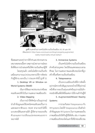 53เทคโนโลยีสื่อสารการศึกษา
ที่ผสมผสานระหว่างการใช้VRและARตามความ
เหมาะสมของเนื้อหาเหตุการณ์สถานการณ์ของ
สิ่งที่ต้องการน�ำเสนอหรือให้ความบันเทิงแก่ผู้ใช้
	 โดยสรุปแล้ว เทคโนโลยีความเป็นจริง
เสมือนสามารถแบ่งประเภทตามวิธีการติดต่อ
กับผู้ใช้งาน ออกเป็น 5 ประเภท ดังนี้ (รูปที่ 3)
	 1.	Desktop VR or Window on
World Systems (WoW)
	 	 เป็นการใช้จอภาพ(Monitor)หรือจอ
คอมพิวเตอร์ทั่วไปในการแสดงภาพเสมือนจริง
	 2.	Video Mapping
	 	 เป็นการน�ำวีดิทัศน์มาเป็นอุปกรณ์
น�ำเข้าข้อมูลและใช้เทคนิคคอมพิวเตอร์ในการ
แสดงผลกราฟิกแบบ WoW สามารถท�ำได้ทั้ง
แบบสองมิติและสามมิติ ผู้ใช้สามารถมองเห็น
ตัวเองและการเปลี่ยนแปลงของตนเองจาก
จอภาพได้
	 3.	Immersive Systems
	 	 เป็นเทคโนโลยีความเป็นจริงเสมือน
ส�ำหรับส่วนบุคคล โดยใช้จอแสดงผลแบบสวม
ศีรษะ ในการแสดงภาพและเสียงของโลกที่ถูก
สร้างขึ้นหรือความเป็นจริงเสมือน
	 4.	Telepresence
	 	 เป็นระบบเสมือนจริงที่มีการติดตั้ง
อุปกรณ์ตรวจจับสัญญาณระยะไกลไว้ที่อุปกรณ์
หนึ่งซึ่งอาจจะเป็นหุ่นยนต์หรืออุปกรณ์อิเล็ก-
ทรอนิกส์อื่นเพื่อให้เชื่อมต่อการใช้งานเข้ากับผู้ใช้
	 5.	Augmented/Mixed Reality
Systems
	 	 การรวมกันของTelepresenceกับ
VR Systems โดยใช้ Telepresence เป็นตัวน�ำ
เข้าข้อมูลและVRSystemsในการแสดงผลเป็น
ภาพเสมือนจริงให้กับผู้ใช้ได้เห็น เช่น การแสดง
ภาพเสมือนจริงของไดโนเสาร์ให้นักท่องเที่ยวชม
รูปที่ 3 แสดงตัวอย่างเทคโนโลยีความเป็นจริงเสมือน VR, AR และ MR
(ดัดแปลงจาก http://www.vroncloud.com/blog/comparing-augmented-
reality-mixed-reality-virtual-reality/)
 
