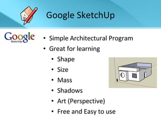 Google SketchUp Simple Architectural Program Great for learning Shape Size Mass Shadows Art (Perspective) Free and Easy to use 