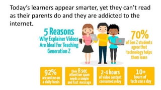 Today’s learners appear smarter, yet they can’t read
as their parents do and they are addicted to the
internet.
 