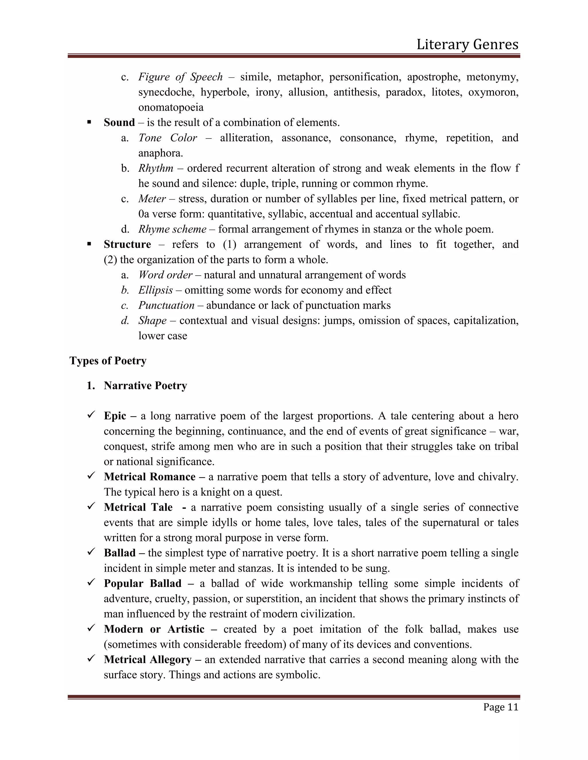 Literary Genres
Page 11
c. Figure of Speech – simile, metaphor, personification, apostrophe, metonymy,
synecdoche, hyperbole, irony, allusion, antithesis, paradox, litotes, oxymoron,
onomatopoeia
 Sound – is the result of a combination of elements.
a. Tone Color – alliteration, assonance, consonance, rhyme, repetition, and
anaphora.
b. Rhythm – ordered recurrent alteration of strong and weak elements in the flow f
he sound and silence: duple, triple, running or common rhyme.
c. Meter – stress, duration or number of syllables per line, fixed metrical pattern, or
0a verse form: quantitative, syllabic, accentual and accentual syllabic.
d. Rhyme scheme – formal arrangement of rhymes in stanza or the whole poem.
 Structure – refers to (1) arrangement of words, and lines to fit together, and
(2) the organization of the parts to form a whole.
a. Word order – natural and unnatural arrangement of words
b. Ellipsis – omitting some words for economy and effect
c. Punctuation – abundance or lack of punctuation marks
d. Shape – contextual and visual designs: jumps, omission of spaces, capitalization,
lower case
Types of Poetry
1. Narrative Poetry
 Epic – a long narrative poem of the largest proportions. A tale centering about a hero
concerning the beginning, continuance, and the end of events of great significance – war,
conquest, strife among men who are in such a position that their struggles take on tribal
or national significance.
 Metrical Romance – a narrative poem that tells a story of adventure, love and chivalry.
The typical hero is a knight on a quest.
 Metrical Tale - a narrative poem consisting usually of a single series of connective
events that are simple idylls or home tales, love tales, tales of the supernatural or tales
written for a strong moral purpose in verse form.
 Ballad – the simplest type of narrative poetry. It is a short narrative poem telling a single
incident in simple meter and stanzas. It is intended to be sung.
 Popular Ballad – a ballad of wide workmanship telling some simple incidents of
adventure, cruelty, passion, or superstition, an incident that shows the primary instincts of
man influenced by the restraint of modern civilization.
 Modern or Artistic – created by a poet imitation of the folk ballad, makes use
(sometimes with considerable freedom) of many of its devices and conventions.
 Metrical Allegory – an extended narrative that carries a second meaning along with the
surface story. Things and actions are symbolic.
 