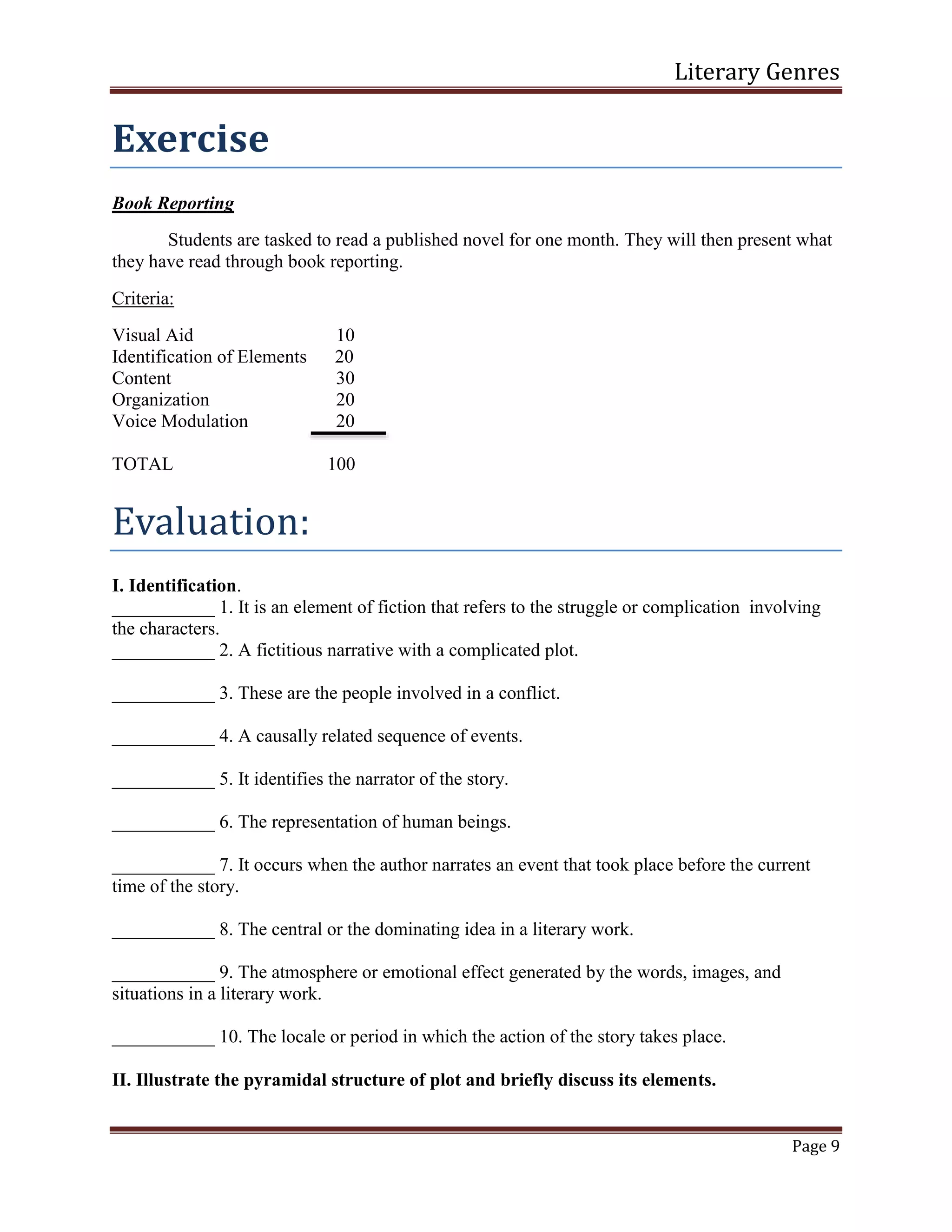 Literary Genres
Page 9
Exercise
Book Reporting
Students are tasked to read a published novel for one month. They will then present what
they have read through book reporting.
Criteria:
Visual Aid 10
Identification of Elements 20
Content 30
Organization 20
Voice Modulation 20
TOTAL 100
Evaluation:
I. Identification.
___________ 1. It is an element of fiction that refers to the struggle or complication involving
the characters.
___________ 2. A fictitious narrative with a complicated plot.
___________ 3. These are the people involved in a conflict.
___________ 4. A causally related sequence of events.
___________ 5. It identifies the narrator of the story.
___________ 6. The representation of human beings.
___________ 7. It occurs when the author narrates an event that took place before the current
time of the story.
___________ 8. The central or the dominating idea in a literary work.
___________ 9. The atmosphere or emotional effect generated by the words, images, and
situations in a literary work.
___________ 10. The locale or period in which the action of the story takes place.
II. Illustrate the pyramidal structure of plot and briefly discuss its elements.
 