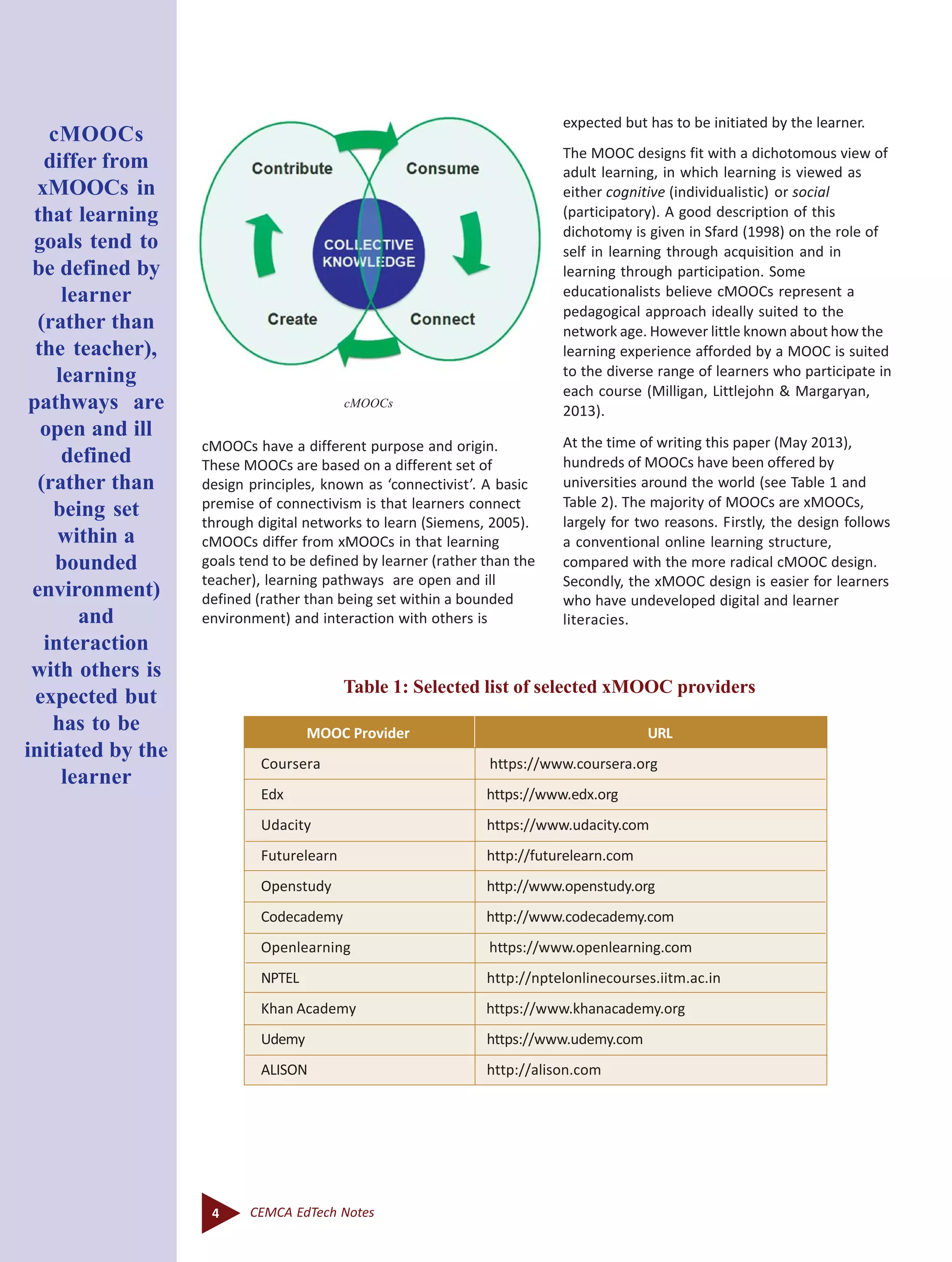 4 CEMCA EdTech Notes
cMOOCs have a different purpose and origin.
These MOOCs are based on a different set of
design principles, known as ‘connectivist’. A basic
premise of connectivism is that learners connect
through digital networks to learn (Siemens, 2005).
cMOOCs differ from xMOOCs in that learning
goals tend to be defined by learner (rather than the
teacher), learning pathways are open and ill
defined (rather than being set within a bounded
environment) and interaction with others is
cMOOCs
expected but has to be initiated by the learner.
The MOOC designs fit with a dichotomous view of
adult learning, in which learning is viewed as
either cognitive (individualistic) or social
(participatory). A good description of this
dichotomy is given in Sfard (1998) on the role of
self in learning through acquisition and in
learning through participation. Some
educationalists believe cMOOCs represent a
pedagogical approach ideally suited to the
network age. However little known about how the
learning experience afforded by a MOOC is suited
to the diverse range of learners who participate in
each course (Milligan, Littlejohn & Margaryan,
2013).
At the time of writing this paper (May 2013),
hundreds of MOOCs have been offered by
universities around the world (see Table 1 and
Table 2). The majority of MOOCs are xMOOCs,
largely for two reasons. Firstly, the design follows
a conventional online learning structure,
compared with the more radical cMOOC design.
Secondly, the xMOOC design is easier for learners
who have undeveloped digital and learner
literacies.
Table 1: Selected list of selected xMOOC providers
MOOC Provider URL
Coursera https://www.coursera.org
Edx https://www.edx.org
Udacity https://www.udacity.com
Futurelearn http://futurelearn.com
Openstudy http://www.openstudy.org
Codecademy http://www.codecademy.com
Openlearning https://www.openlearning.com
NPTEL http://nptelonlinecourses.iitm.ac.in
Khan Academy https://www.khanacademy.org
Udemy https://www.udemy.com
ALISON http://alison.com
cMOOCs
differ from
xMOOCs in
that learning
goals tend to
be defined by
learner
(rather than
the teacher),
learning
pathways are
open and ill
defined
(rather than
being set
within a
bounded
environment)
and
interaction
with others is
expected but
has to be
initiated by the
learner
 