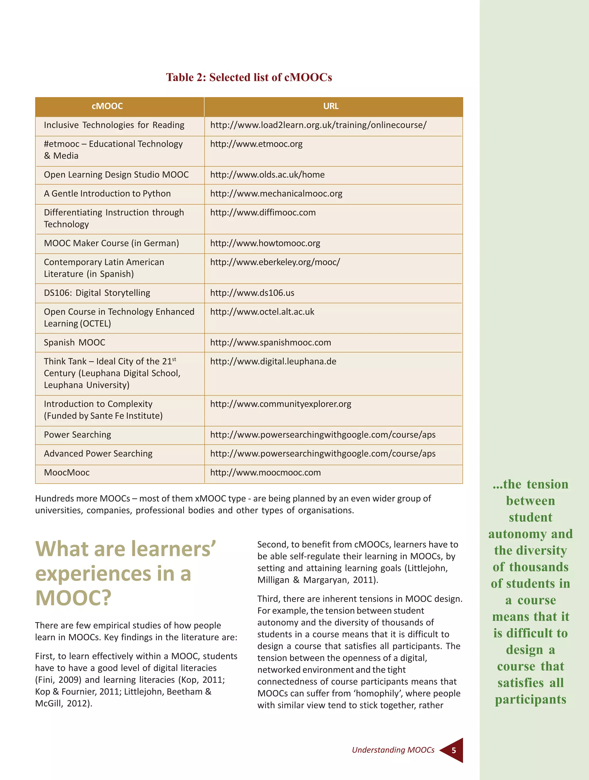 5Understanding MOOCs
Table 2: Selected list of cMOOCs
cMOOC URL
Inclusive Technologies for Reading http://www.load2learn.org.uk/training/onlinecourse/
#etmooc – Educational Technology http://www.etmooc.org
& Media
Open Learning Design Studio MOOC http://www.olds.ac.uk/home
A Gentle Introduction to Python http://www.mechanicalmooc.org
Differentiating Instruction through http://www.diffimooc.com
Technology
MOOC Maker Course (in German) http://www.howtomooc.org
Contemporary Latin American http://www.eberkeley.org/mooc/
Literature (in Spanish)
DS106: Digital Storytelling http://www.ds106.us
Open Course in Technology Enhanced http://www.octel.alt.ac.uk
Learning (OCTEL)
Spanish MOOC http://www.spanishmooc.com
Think Tank – Ideal City of the 21st
http://www.digital.leuphana.de
Century (Leuphana Digital School,
Leuphana University)
Introduction to Complexity http://www.communityexplorer.org
(Funded by Sante Fe Institute)
Power Searching http://www.powersearchingwithgoogle.com/course/aps
Advanced Power Searching http://www.powersearchingwithgoogle.com/course/aps
MoocMooc http://www.moocmooc.com
Hundreds more MOOCs – most of them xMOOC type - are being planned by an even wider group of
universities, companies, professional bodies and other types of organisations.
What are learners’
experiences in a
MOOC?
There are few empirical studies of how people
learn in MOOCs. Key findings in the literature are:
First, to learn effectively within a MOOC, students
have to have a good level of digital literacies
(Fini, 2009) and learning literacies (Kop, 2011;
Kop & Fournier, 2011; Littlejohn, Beetham &
McGill, 2012).
Second, to benefit from cMOOCs, learners have to
be able self-regulate their learning in MOOCs, by
setting and attaining learning goals (Littlejohn,
Milligan & Margaryan, 2011).
Third, there are inherent tensions in MOOC design.
For example, the tension between student
autonomy and the diversity of thousands of
students in a course means that it is difficult to
design a course that satisfies all participants. The
tension between the openness of a digital,
networked environment and the tight
connectedness of course participants means that
MOOCs can suffer from ‘homophily’, where people
with similar view tend to stick together, rather
...the tension
between
student
autonomy and
the diversity
of thousands
of students in
a course
means that it
is difficult to
design a
course that
satisfies all
participants
 