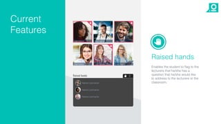 Chat
Current
Features
Raised hands
Enables the student to flag to the
lecturere that he/she has a
question that he/she would like
to address to the lecturere or the
classroom.
 