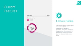 Chat
Current
Features
Lecture Details
The lecturer details, Room name
and session details are
displayed for validation
purposes. This pane also shows
the graphical representation of
the session recording function
and the classroom countdown
timer.
 