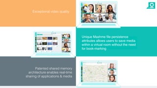 Patented shared memory
architecture enables real-time
sharing of applications & media
Unique Mashme file persistence
attributes allows users to save media
within a virtual room without the need
for book-marking
Exceptional video quality
 