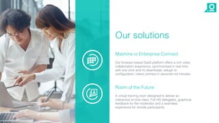 Mashme.io Enterprise Connect
Our browser-based SaaS platform offers a rich video
collaboration experience, synchronised in real time,
with one click and no downloads, setups or
configuration. Users connect in seconds not minutes.
Room of the Future
A virtual training room designed to deliver an
interactive on-line class. Full HD delegates, graphical
feedback for the moderator and a seamless
experience for remote participants.
Our solutions
 