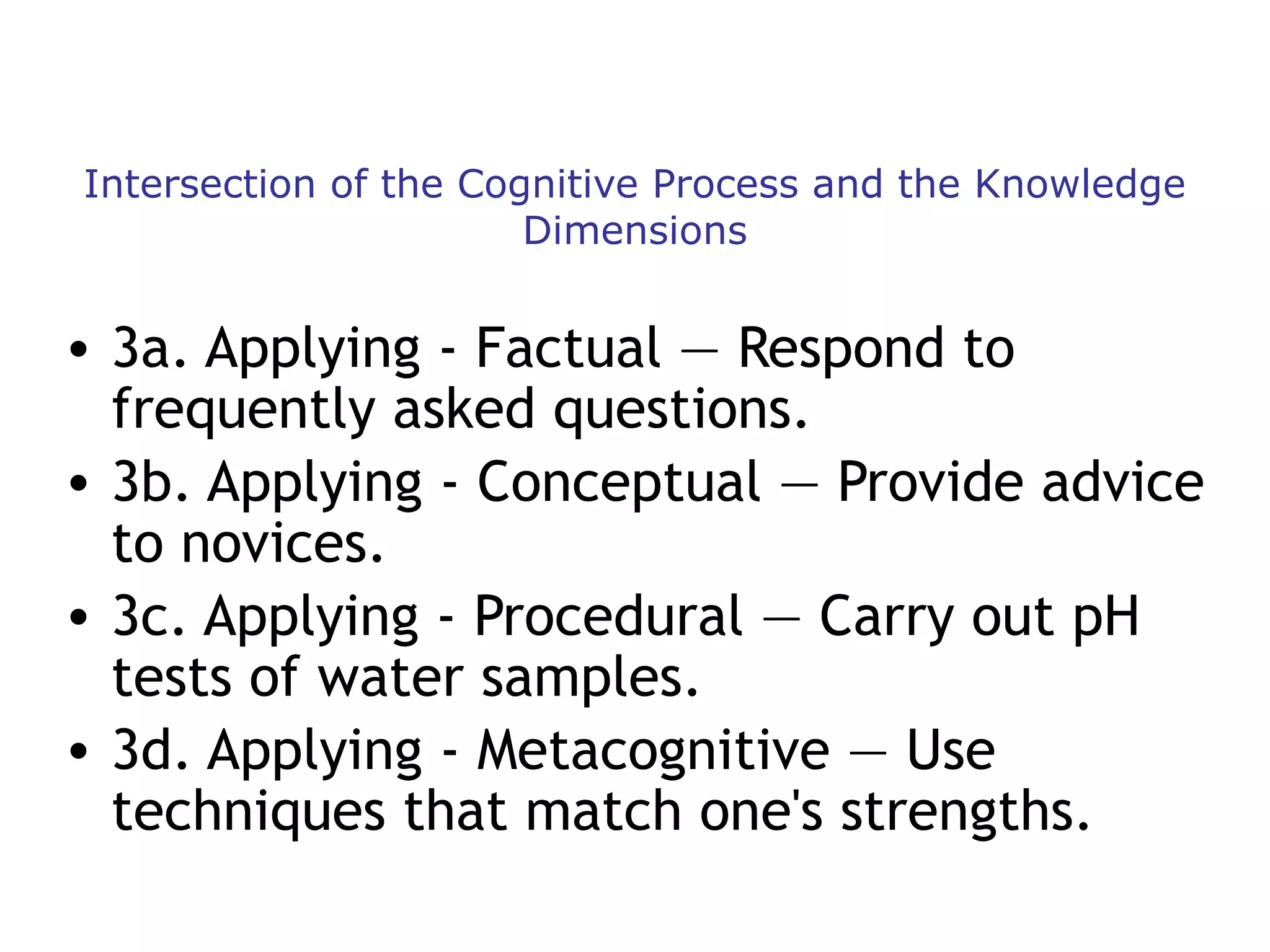 Intersection of the Cognitive Process and the Knowledge
Dimensions

• 3a. Applying - Factual — Respond to
frequently asked questions.
• 3b. Applying - Conceptual — Provide advice
to novices.
• 3c. Applying - Procedural — Carry out pH
tests of water samples.
• 3d. Applying - Metacognitive — Use
techniques that match one's strengths.

 