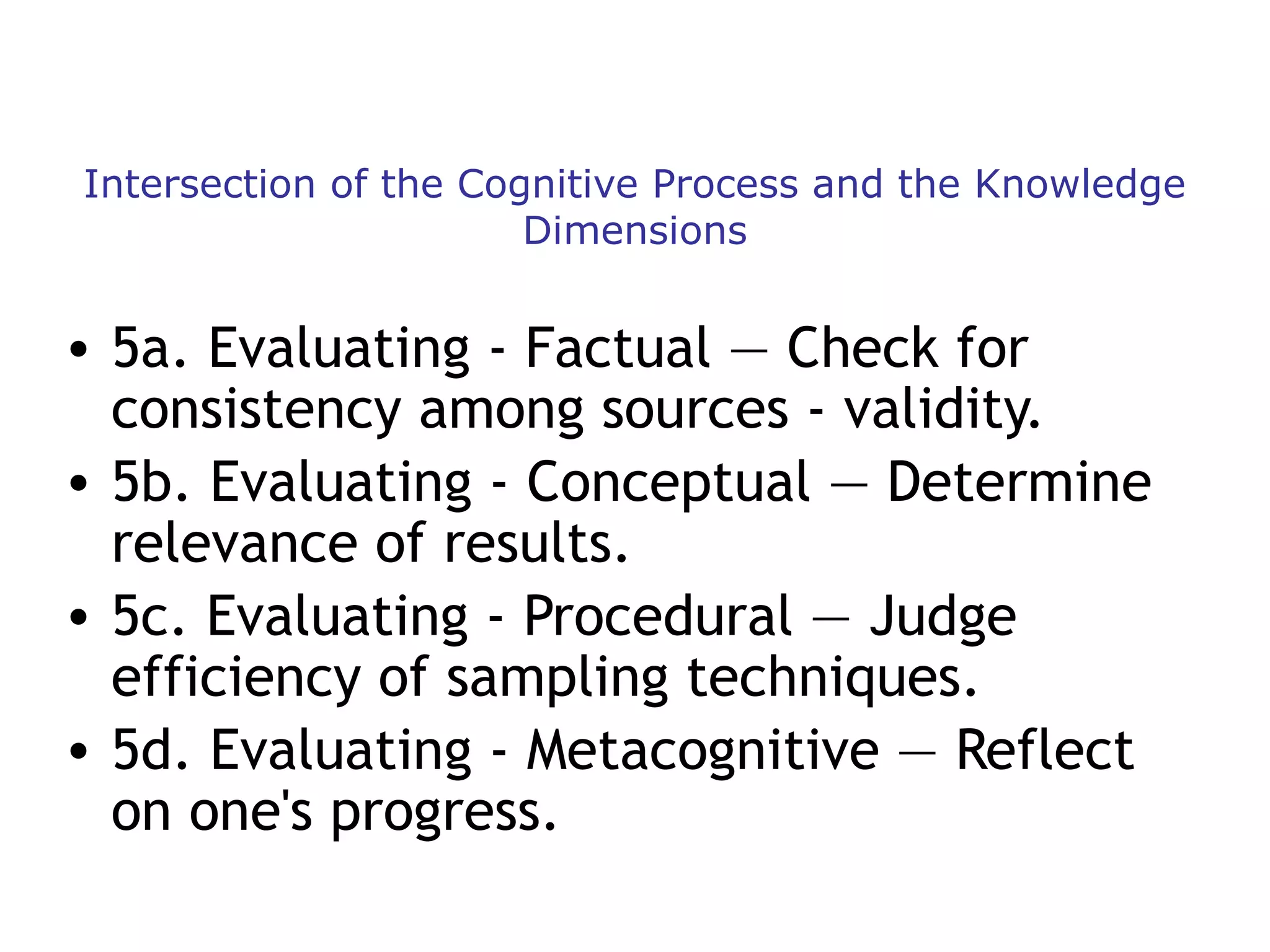 Intersection of the Cognitive Process and the Knowledge
Dimensions

• 5a. Evaluating - Factual — Check for
consistency among sources - validity.
• 5b. Evaluating - Conceptual — Determine
relevance of results.
• 5c. Evaluating - Procedural — Judge
efficiency of sampling techniques.
• 5d. Evaluating - Metacognitive — Reflect
on one's progress.

 