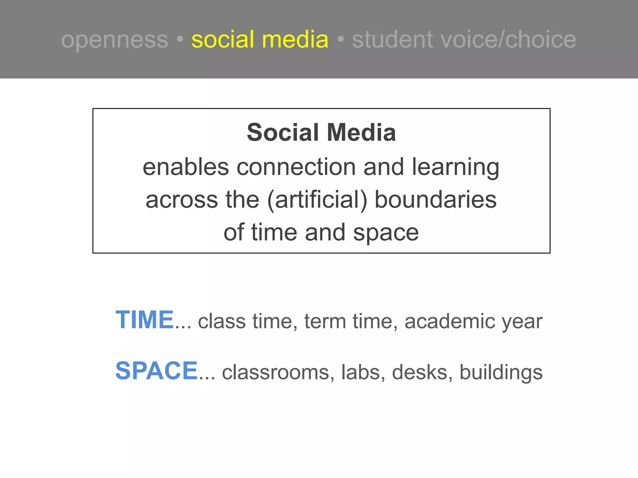“I don’t think
education is about
centralized instruction
anymore; rather,
it is the process [of]
establishing oneself
as a node in a broad
network of distributed
creativity.”
– Joichi Ito
   @joi


                          Image: CC BY-NC-SA 2.0 yobink
 
