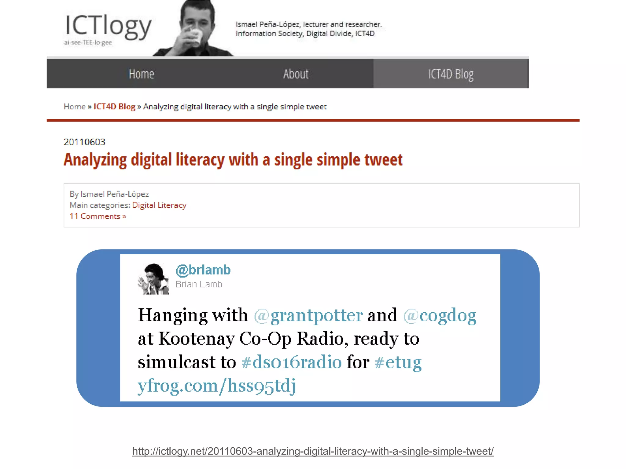 Selected JISC resources:
Developing Digital Literacies programme (2012)
Preparing for a Digital Future presentation (2011)
Digital literacies for learners, researchers &
teaching staff, by Helen Beetham, Rhona
Sharpe, Frances Bell, Simranjeet Singh Roud & Col
Hawksworth
SLiDA project report (2010)
Supporting learners in a digital age, by Rhona
Sharpe, Greg Benfield, Shalni Gulati & Judy Hardy
LLiDA project report (2009)
Thriving in the 21st century: Learning literacies for
the digital age, by Helen Beetham, Lou McGill & Prof.
Alison Littlejohn
 