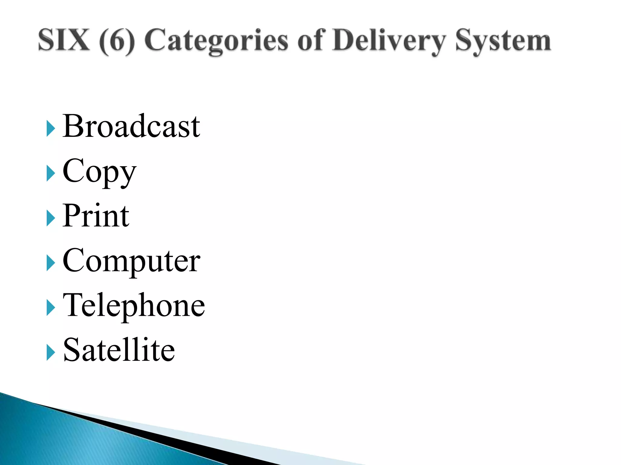  Broadcast
 Copy
 Print
 Computer
 Telephone
 Satellite
 