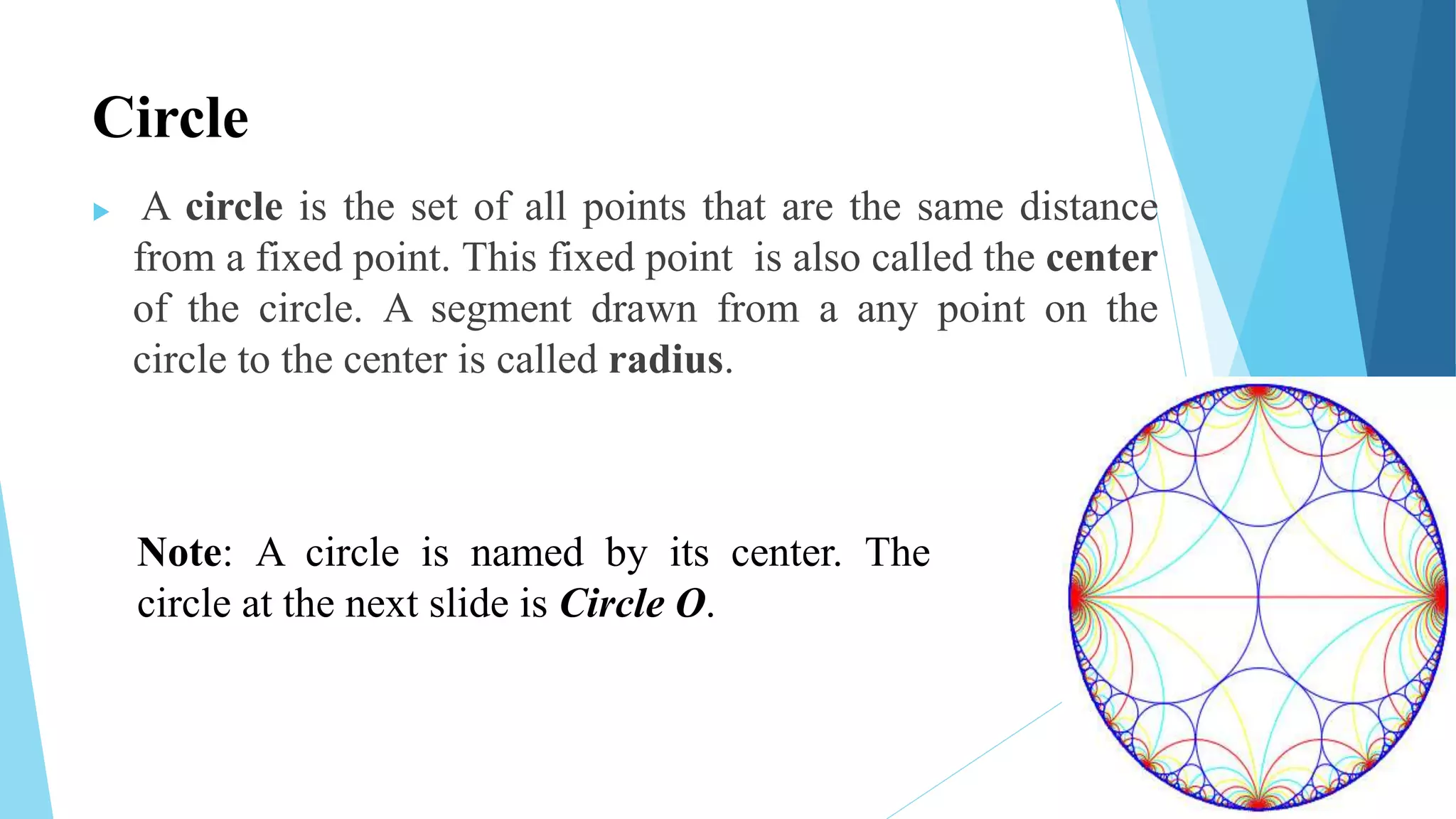 Circle
 A circle is the set of all points that are the same distance
from a fixed point. This fixed point is also called the center
of the circle. A segment drawn from a any point on the
circle to the center is called radius.
Note: A circle is named by its center. The
circle at the next slide is Circle O.
 