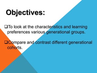 Objectives:
To look at the characteristics and learning
preferences various generational groups.
Compare and contrast di...