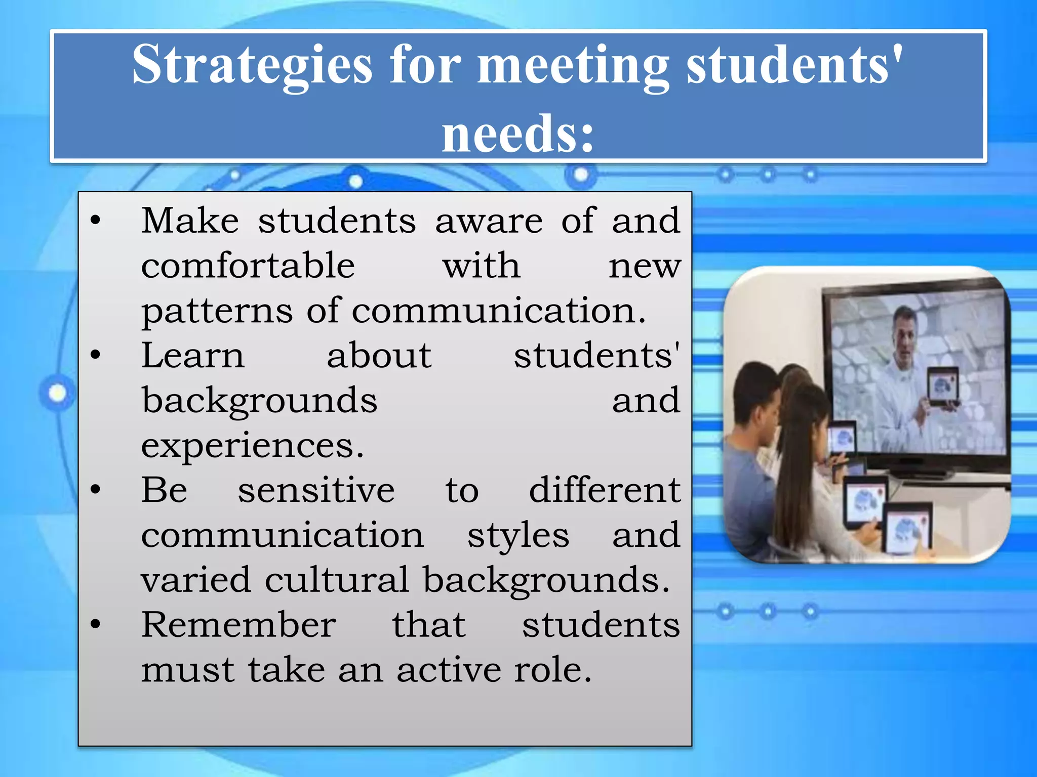 Strategies for meeting students'
needs:
• Make students aware of and
comfortable with new
patterns of communication.
• Learn about students'
backgrounds and
experiences.
• Be sensitive to different
communication styles and
varied cultural backgrounds.
• Remember that students
must take an active role.
 