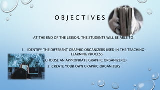 O B J E C T I V E S
AT THE END OF THE LESSON, THE STUDENTS WILL BE ABLE TO:
1. IDENTIFY THE DIFFERENT GRAPHIC ORGANIZERS USED IN THE TEACHING-
LEARNING PROCESS
2. CHOOSE AN APPROPRIATE GRAPHIC ORGANIZER(S)
3. CREATE YOUR OWN GRAPHIC ORGANIZERS
 