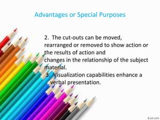 Advantages or Special Purposes


   2. The cut-outs can be moved,
   rearranged or removed to show action or
   the results of action and
   changes in the relationship of the subject
   material.
    3. Visualization capabilities enhance a
      verbal presentation.
 