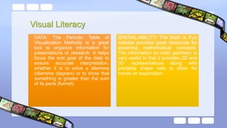 Visual Literacy
• DATA: The Periodic Table of
Visualization Methods is a great
tool to organize information for
presentations or research. It helps
focus the end goal of the data to
ensure accurate interpretation,
whether it is to solve a dilemma
(dilemma diagram) or to show that
something is greater than the sum
of its parts (funnel).
SPATIAL-ABILITY: The Math is Fun
website provides great resources for
exploring mathematical concepts.
The information on solid geometry is
very useful in that it provides 2D and
3D representations along with
printable shape nets to allow for
hands-on exploration.
 