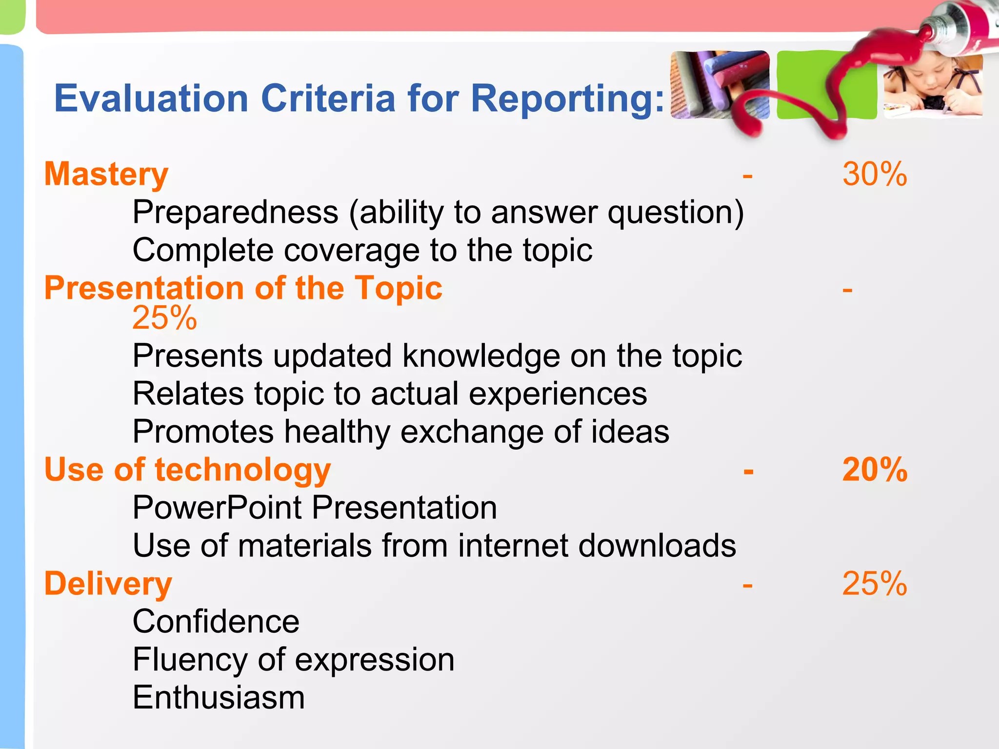 Evaluation Criteria for Reporting: Mastery - 30% Preparedness (ability to answer question) Complete coverage to the topic  Presentation of the Topic - 25% Presents updated knowledge on the topic Relates topic to actual experiences Promotes healthy exchange of ideas Use of technology - 20% PowerPoint Presentation Use of materials from internet downloads Delivery - 25% Confidence Fluency of expression Enthusiasm 