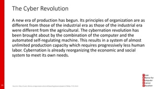 The Cyber Revolution
A new era of production has begun. Its principles of organization are as
different from those of the industrial era as those of the industrial era
were different from the agricultural. The cybernation revolution has
been brought about by the combination of the computer and the
automated self-regulating machine. This results in a system of almost
unlimited production capacity which requires progressively less human
labor. Cybernation is already reorganizing the economic and social
system to meet its own needs.
24 Source: http://scarc.library.oregonstate.edu/coll/pauling/peace/papers/1964p.7-01.html
 