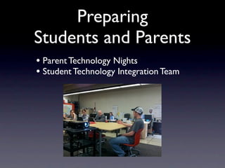 Preparing
Students and Parents
• Parent Technology Nights
• Student Technology Integration Team
 