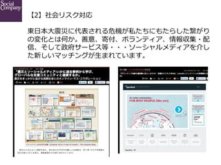 【2】社会リスク対応
東⽇日本⼤大震災に代表される危機が私たちにもたらした繋がり
の変化とは何か。善意、寄付、ボランティア、情報収集・配
信、そして政府サービス等・・・ソーシャルメディアを介し
た新しいマッチングが⽣生まれています。

 