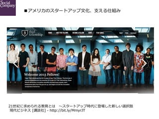 ■アメリカのスタートアップ⽂文化、⽀支える仕組み

21世紀に求められる教育とは 　〜～スタートアップ時代に登場した新しい選択肢
  現代ビジネス  [講談社]  -‐‑‒  http://bit.ly/MmyrJT

 