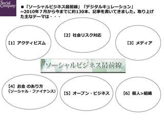 ■「ソーシャルビジネス最前線」「デジタルキュレーション」
~∼2010年年７⽉月から今までに約130本、記事を書いてきました。取り上げ
た主なテーマは・・・	

【2】社会リスク対応
【1】アクティビズム

【4】お⾦金金  のあり⽅方
（ソーシャル・ファイナンス）

【3】メディア

【5】オープン・ビジネス  

【6】個⼈人>組織  

 