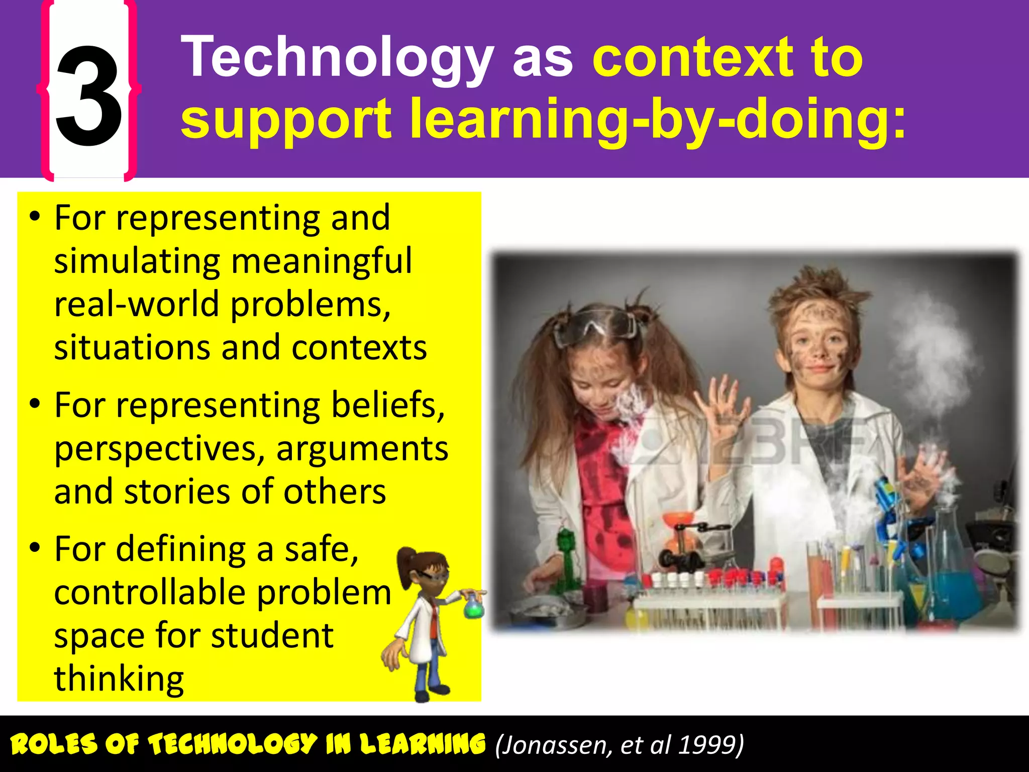 3

Technology as context to
support learning-by-doing:

• For representing and
simulating meaningful
real-world problems,
situations and contexts
• For representing beliefs,
perspectives, arguments
and stories of others
• For defining a safe,
controllable problem
space for student
thinking
ROLES OF TECHNOLOGY IN LEARNING (Jonassen, et al 1999)

 