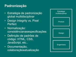 PadronizaçãoEstratégiamultidisciplinarProdutoDesignEngenhariaEstratégia de padronização global multidisciplinarDesign Integrity vs. Pixel PerfectNormalização: consistêncianasespecificaçõesDefinição de padrões de código: HTML, CSS, JavaScript, etc..Documentação, colaboraçãoeatualização