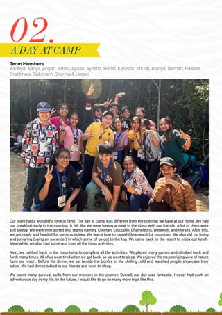 Team Members
Aadhya, Aanya, Angad, Arnav, Ayaan, Ayesha, Harlin, Kanishk, Khush, Manya, Namah, Pawani,
Prabhnoor, Saksham, Sharjita & Unnati
Our team had a wonderful time in Tehri. The day at camp was different from the one that we have at our home. We had
our breakfast early in the morning. It felt like we were having a meal in the class with our friends. A lot of them were
still sleepy. We were then sorted into teams namely, Cheetah, Crocodile, Chameleons, Werewolf, and Horses. After this,
we got ready and headed for some activities. We learnt how to rappel (downwards) a mountain. We also did zip lining
and jumaring (using an ascender) in which some of us got to the top. We came back to the resort to enjoy our lunch.
Meanwhile, we also had some rest from all the tiring activities.
Next, we trekked back to the mountains to complete all the activities. We played many games and climbed back and
forth many times. All of us were tired when we got back, so we went to sleep. We enjoyed the mesmerising view of nature
from our resort. Before the dinner, we sat beside the bonfire in the chilling cold and watched people showcase their
talent. We had dinner, talked to our friends and went to sleep.
We learnt many survival skills from our mentors in the journey. Overall, our day was fantastic. I never had such an
adventurous day in my life. In the future, I would like to go on many more trips like this.
02.
A DAY AT CAMP
 