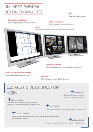 +de fluidité
+de modularité
+de simplicité
+de confort
Optimisation des flux sur les réseaux grâce au multicast natif
Qualité d’affichage de très haut
niveau en toutes circonstances
+de flexibilité
Très grande capacité de gestion : supérieure à 1000 caméras
Interface intuitive, adaptée à chaque utilisateur
Recherche a posteriori simplifiée en quelques clics
Solution adaptable selon les enjeux clients avec les plateformes hardware
reconnues sur le marché
Multicast
Mur d’images jusqu’à 250 écrans
Main courante informatique
Traçabilité des évènements
Superviseur graphique
Gestion graphique multi-fenêtres
Superviseur mobile
Diffusion vidéos vers smartphones, tablettes ...
L(A)PI
Lecture (Automatisée) des Plaques d’Immatriculation
SIG
Gestion des plans
Vidéo-verbalisation
Outil de saisie intégré nativement
UN LARGE ÉVENTAIL
DE FONCTIONNALITÉS
LES ATOUTS DE LA SOLUTION
é[D]tik
 