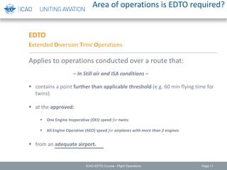 Area of operations is EDTO required?
Page 11
EDTO
Extended Diversion Time Operations
Applies to operations conducted over a route that:
 contains a point further than applicable threshold (e.g. 60 min flying time for
twins)
 at the approved:
 One Engine Inoperative (OEI) speed for twins
 All Engine Operative (AEO) speed for airplanes with more than 2 engines
 from an adequate airport.
– In Still air and ISA conditions –
ICAO EDTO Course - Flight Operations
 