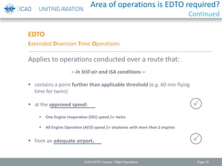 Page 19
EDTO
Extended Diversion Time Operations
Applies to operations conducted over a route that:
 contains a point further than applicable threshold (e.g. 60 min flying
time for twins)
 at the approved speed:
 One Engine Inoperative (OEI) speed for twins
 All Engine Operative (AEO) speed for airplanes with more than 2 engines
 from an adequate airport.
– In Still air and ISA conditions –


ICAO EDTO Course - Flight Operations
Area of operations is EDTO required?
Continued
 