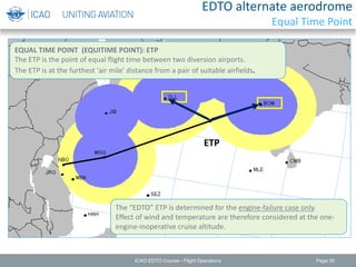 EDTO alternate aerodrome
Equal Time Point
Page 39
ETP
EQUAL TIME POINT (EQUITIME POINT): ETP
The ETP is the point of equal flight time between two diversion airports.
The ETP is at the furthest 'air mile' distance from a pair of suitable airfields.
The “EDTO” ETP is determined for the engine-failure case only.
Effect of wind and temperature are therefore considered at the one-
engine-inoperative cruise altitude.
ICAO EDTO Course - Flight Operations
 