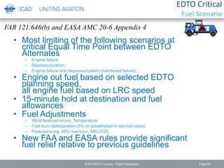 EDTO Critical
Fuel Scenario
• Most limiting of the following scenarios at
critical Equal Time Point between EDTO
Alternates
– Engine failure
– Depressurization
– Engine failure and depressurization (combined failure)
• Engine out fuel based on selected EDTO
planning speed,
all engine fuel based on LRC speed
• 15-minute hold at destination and fuel
allowances
• Fuel Adjustments
– Wind forecast errors, Temperature
– Fuel burn deterioration (5% or established in-service value)
– Forecast Icing, APU fuel burn, MEL/CDL
• New FAA and EASA rules provide significant
fuel relief relative to previous guidelines
FAR 121.646(b) and EASA AMC 20-6 Appendix 4
ICAO EDTO Course - Flight Operations Page 54
 
