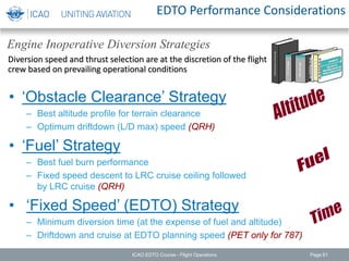 EDTO Performance Considerations
• ‘Obstacle Clearance’ Strategy
– Best altitude profile for terrain clearance
– Optimum driftdown (L/D max) speed (QRH)
• ‘Fuel’ Strategy
– Best fuel burn performance
– Fixed speed descent to LRC cruise ceiling followed
by LRC cruise (QRH)
• ‘Fixed Speed’ (EDTO) Strategy
– Minimum diversion time (at the expense of fuel and altitude)
– Driftdown and cruise at EDTO planning speed (PET only for 787)
Engine Inoperative Diversion Strategies
Diversion speed and thrust selection are at the discretion of the flight
crew based on prevailing operational conditions
ICAO EDTO Course - Flight Operations Page 61
 
