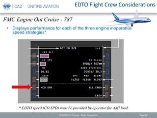 EDTO Flight Crew Considerations
• Displays performance for each of the three engine inoperative
speed strategies*
FMC Engine Out Cruise - 787
* EDTO speed (CO SPD) must be provided by operator for AMI load
ICAO EDTO Course - Flight Operations Page 62
 