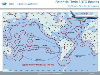 LIM-PPT
BOG-NRT
EZE-CPT
LIM-HNL GRU-LIS
BOG-LHR
SCL-AKL
SCL-IPC
Typical Twin 60 Minute Area (400 nm)
W165
W165
W150
W150
W135
W135
W120
W120
W105
W105
W90
W90
W75
W75
W60
W60
W45
W45
W30
W30
W15
W15
E0
E0
E150
E150
E165
E165
E180
E180
S60 S60
S45 S45
S30 S30
S15 S15
N0 N0
N15 N15
N30 N30
N45 N45
N60 N60
Potential Twin EDTO Routes
to/from South America
ICAO EDTO Course - Flight Operations Page 65
 