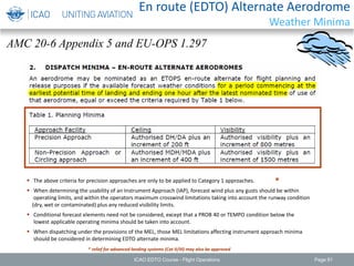 En route (EDTO) Alternate Aerodrome
Weather Minima
AMC 20-6 Appendix 5 and EU-OPS 1.297
 The above criteria for precision approaches are only to be applied to Category 1 approaches.
 When determining the usability of an Instrument Approach (IAP), forecast wind plus any gusts should be within
operating limits, and within the operators maximum crosswind limitations taking into account the runway condition
(dry, wet or contaminated) plus any reduced visibility limits.
 Conditional forecast elements need not be considered, except that a PROB 40 or TEMPO condition below the
lowest applicable operating minima should be taken into account.
 When dispatching under the provisions of the MEL, those MEL limitations affecting instrument approach minima
should be considered in determining EDTO alternate minima.
* relief for advanced landing systems (Cat II/III) may also be approved
*
ICAO EDTO Course - Flight Operations Page 91
 