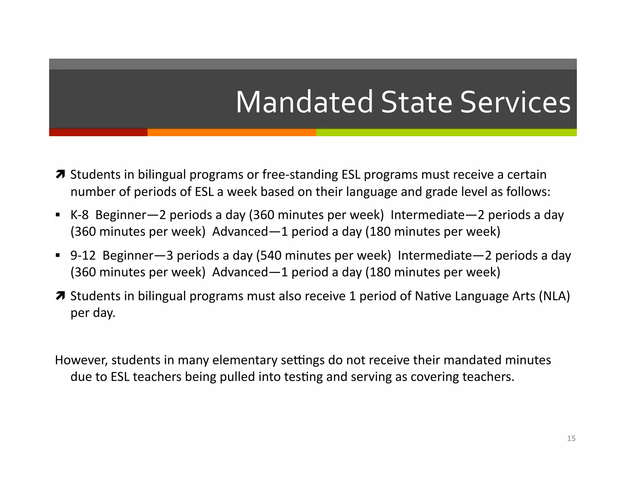 Mandated	
  State	
  Services	
  
  Students	
  in	
  bilingual	
  programs	
  or	
  free-­‐standing	
  ESL	
  programs	
  must	
  receive	
  a	
  certain	
  

number	
  of	
  periods	
  of	
  ESL	
  a	
  week	
  based	
  on	
  their	
  language	
  and	
  grade	
  level	
  as	
  follows:	
  	
  	
  
  K-­‐8	
  	
  Beginner—2	
  periods	
  a	
  day	
  (360	
  minutes	
  per	
  week)	
  	
  Intermediate—2	
  periods	
  a	
  day	
  

(360	
  minutes	
  per	
  week)	
  	
  Advanced—1	
  period	
  a	
  day	
  (180	
  minutes	
  per	
  week)	
  	
  	
  	
  

  9-­‐12	
  	
  Beginner—3	
  periods	
  a	
  day	
  (540	
  minutes	
  per	
  week)	
  	
  Intermediate—2	
  periods	
  a	
  day
	
  

(360	
  minutes	
  per	
  week)	
  	
  Advanced—1	
  period	
  a	
  day	
  (180	
  minutes	
  per	
  week)	
  	
  	
  	
  

  Students	
  in	
  bilingual	
  programs	
  must	
  also	
  receive	
  1	
  period	
  of	
  Na=ve	
  Language	
  Arts	
  (NLA)	
  

per	
  day.	
  

However,	
  students	
  in	
  many	
  elementary	
  se^ngs	
  do	
  not	
  receive	
  their	
  mandated	
  minutes	
  
due	
  to	
  ESL	
  teachers	
  being	
  pulled	
  into	
  tes=ng	
  and	
  serving	
  as	
  covering	
  teachers.	
  	
  	
  	
  	
  	
  

15	
  

 