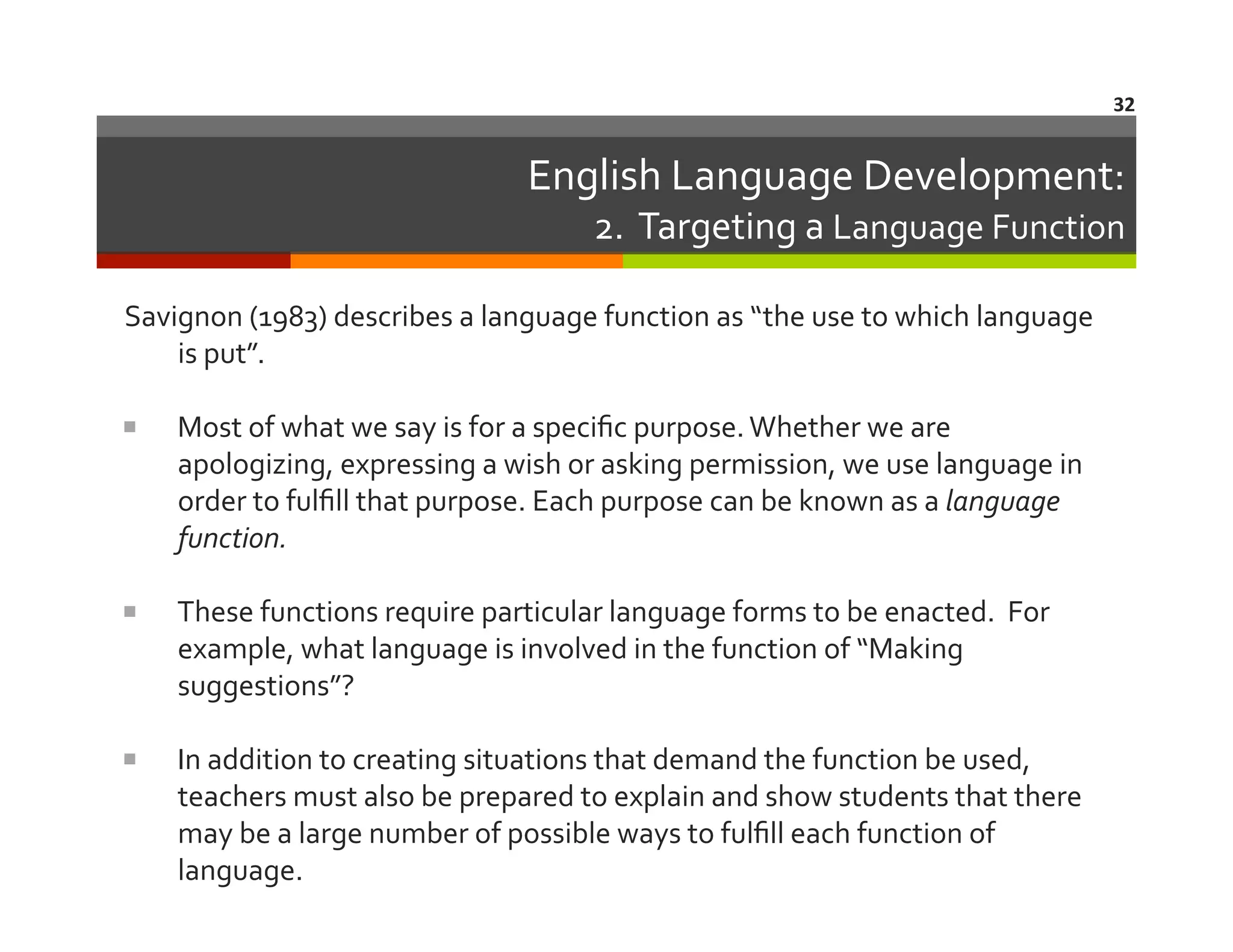 32	
  

English	
  Language	
  Development:	
  

2.	
  	
  Targeting	
  a	
  Language	
  Function	
  

	
  

Savignon	
  (1983)	
  describes	
  a	
  language	
  function	
  as	
  “the	
  use	
  to	
  which	
  language	
  
is	
  put”.	
  

 

Most	
  of	
  what	
  we	
  say	
  is	
  for	
  a	
  speciﬁc	
  purpose.	
  Whether	
  we	
  are	
  
apologizing,	
  expressing	
  a	
  wish	
  or	
  asking	
  permission,	
  we	
  use	
  language	
  in	
  
order	
  to	
  fulﬁll	
  that	
  purpose.	
  Each	
  purpose	
  can	
  be	
  known	
  as	
  a	
  language	
  
function.	
  

 

These	
  functions	
  require	
  particular	
  language	
  forms	
  to	
  be	
  enacted.	
  	
  For	
  
example,	
  what	
  language	
  is	
  involved	
  in	
  the	
  function	
  of	
  “Making	
  
suggestions”?	
  	
  

 

In	
  addition	
  to	
  creating	
  situations	
  that	
  demand	
  the	
  function	
  be	
  used,	
  
teachers	
  must	
  also	
  be	
  prepared	
  to	
  explain	
  and	
  show	
  students	
  that	
  there	
  
may	
  be	
  a	
  large	
  number	
  of	
  possible	
  ways	
  to	
  fulﬁll	
  each	
  function	
  of	
  
language.	
  

 