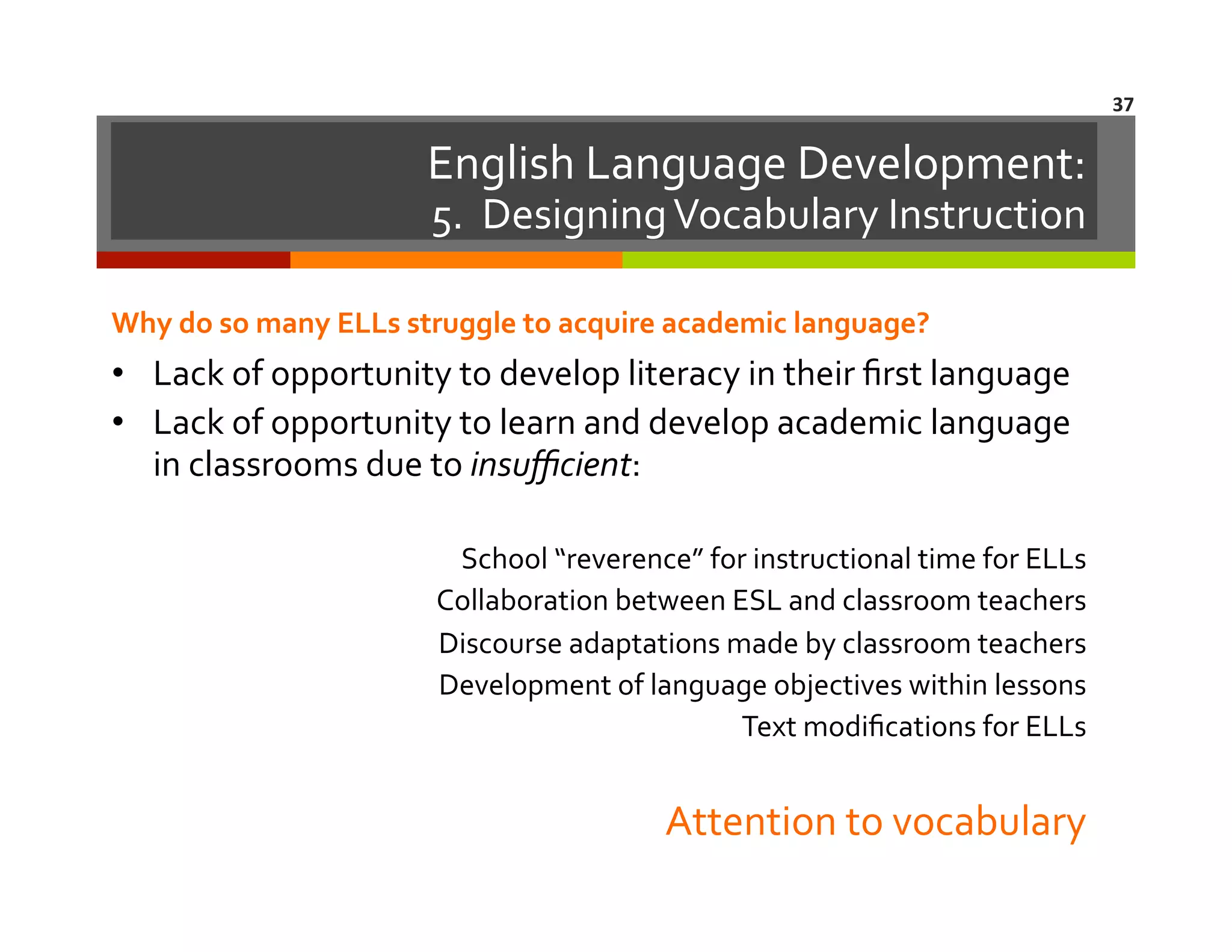 37	
  

English	
  Language	
  Development:	
  

5.	
  	
  Designing	
  Vocabulary	
  Instruction	
  

Why	
  do	
  so	
  many	
  ELLs	
  struggle	
  to	
  acquire	
  academic	
  language?	
  

•  Lack	
  of	
  opportunity	
  to	
  develop	
  literacy	
  in	
  their	
  ﬁrst	
  language	
  
•  Lack	
  of	
  opportunity	
  to	
  learn	
  and	
  develop	
  academic	
  language	
  
in	
  classrooms	
  due	
  to	
  insuﬃcient:	
  
School	
  “reverence”	
  for	
  instructional	
  time	
  for	
  ELLs	
  
Collaboration	
  between	
  ESL	
  and	
  classroom	
  teachers	
  
Discourse	
  adaptations	
  made	
  by	
  classroom	
  teachers	
  
Development	
  of	
  language	
  objectives	
  within	
  lessons	
  
Text	
  modiﬁcations	
  for	
  ELLs	
  

Attention	
  to	
  vocabulary	
  

 