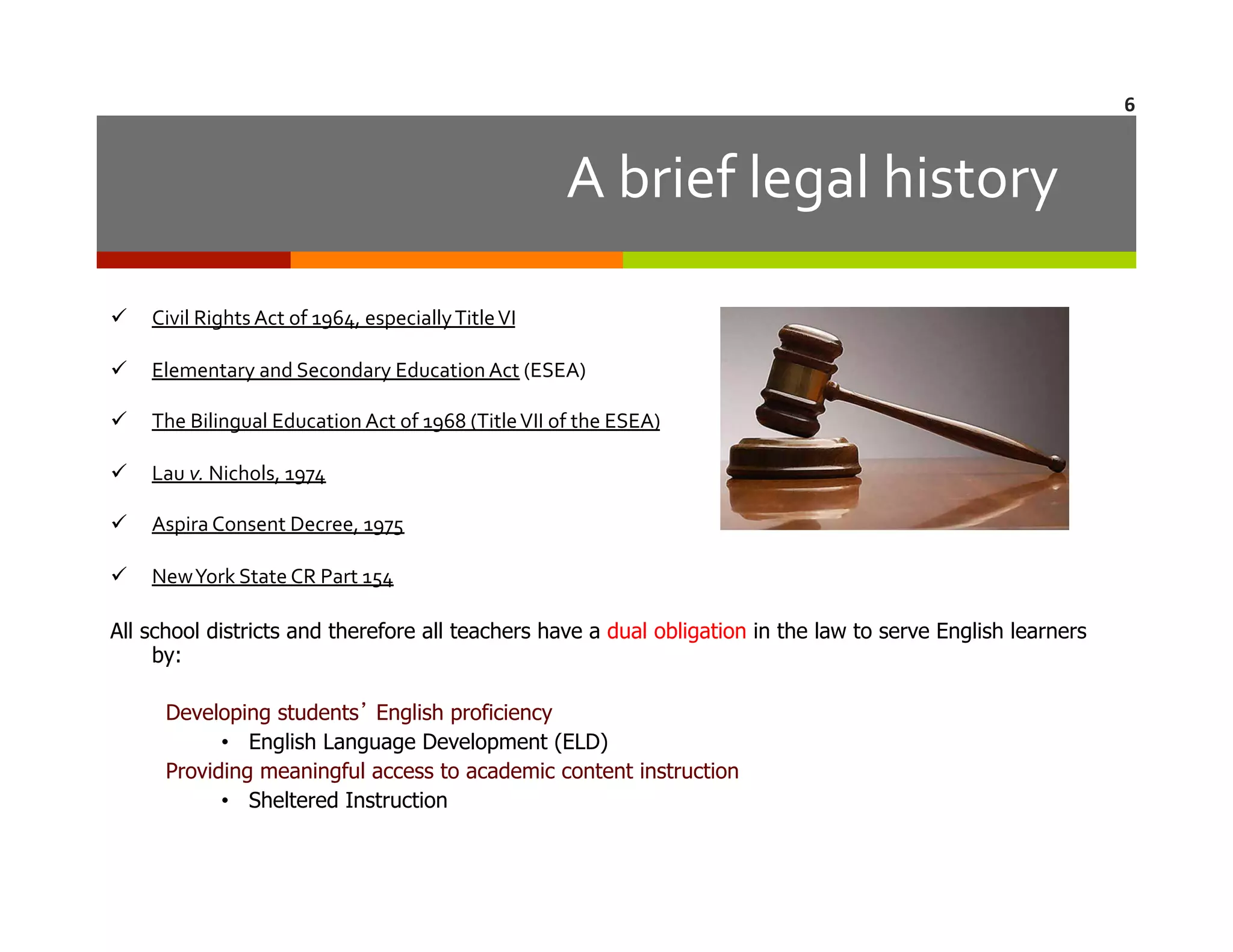 6	
  

A	
  brief	
  legal	
  history	
  
  Civil	
  Rights	
  Act	
  of	
  1964,	
  especially	
  Title	
  VI	
  	
  
  Elementary	
  and	
  Secondary	
  Education	
  Act	
  (ESEA)	
  
  The	
  Bilingual	
  Education	
  Act	
  of	
  1968	
  (Title	
  VII	
  of	
  the	
  ESEA)	
  
  Lau	
  v.	
  Nichols,	
  1974	
  
  Aspira	
  Consent	
  Decree,	
  1975	
  
  New	
  York	
  State	
  CR	
  Part	
  154	
  
All school districts and therefore all teachers have a dual obligation in the law to serve English learners
by:
Developing students’ English proficiency
•  English Language Development (ELD)
Providing meaningful access to academic content instruction
•  Sheltered Instruction

 