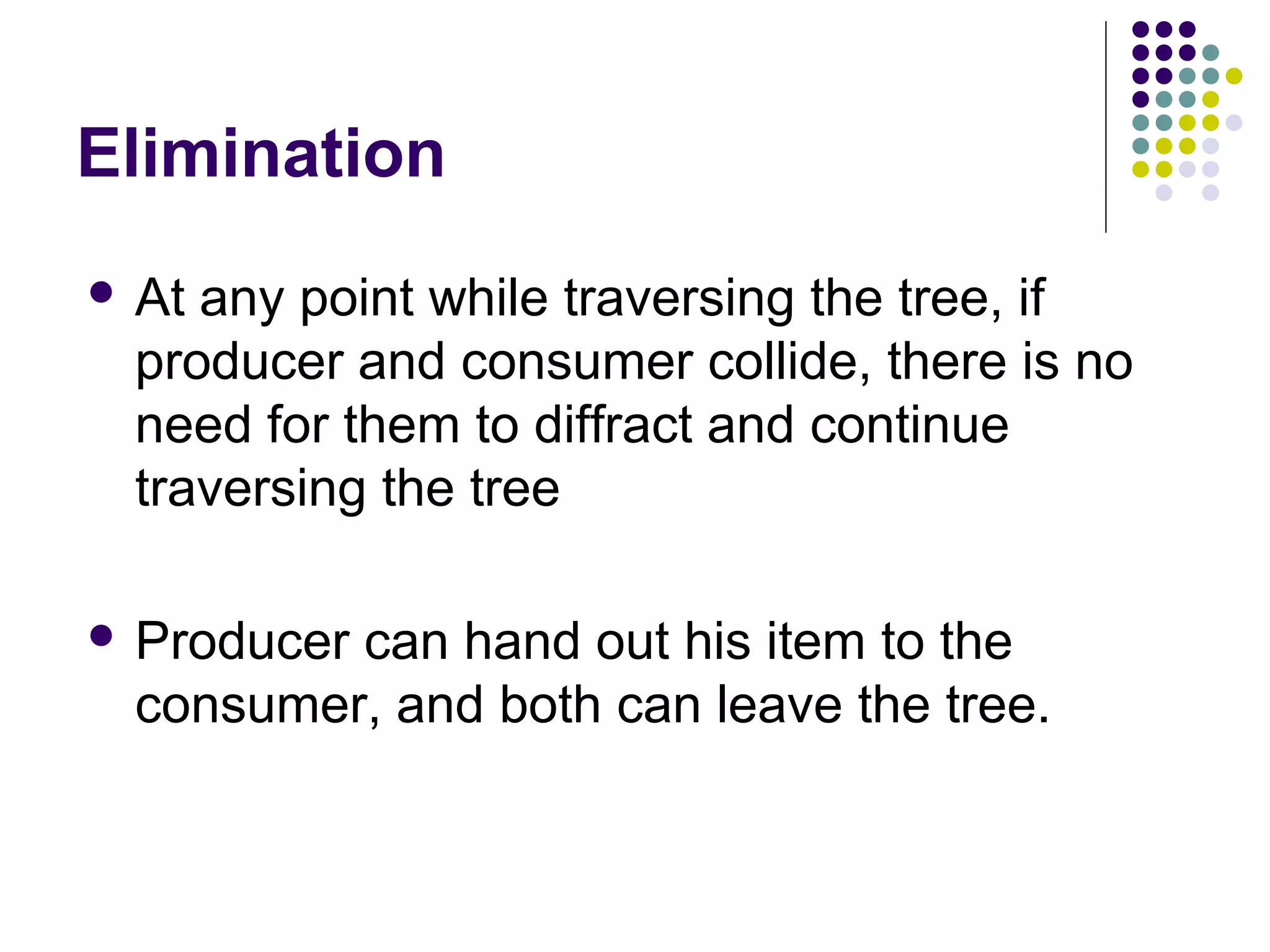 Elimination
 At

any point while traversing the tree, if
producer and consumer collide, there is no
need for them to diffract and continue
traversing the tree

 Producer

can hand out his item to the
consumer, and both can leave the tree.

 