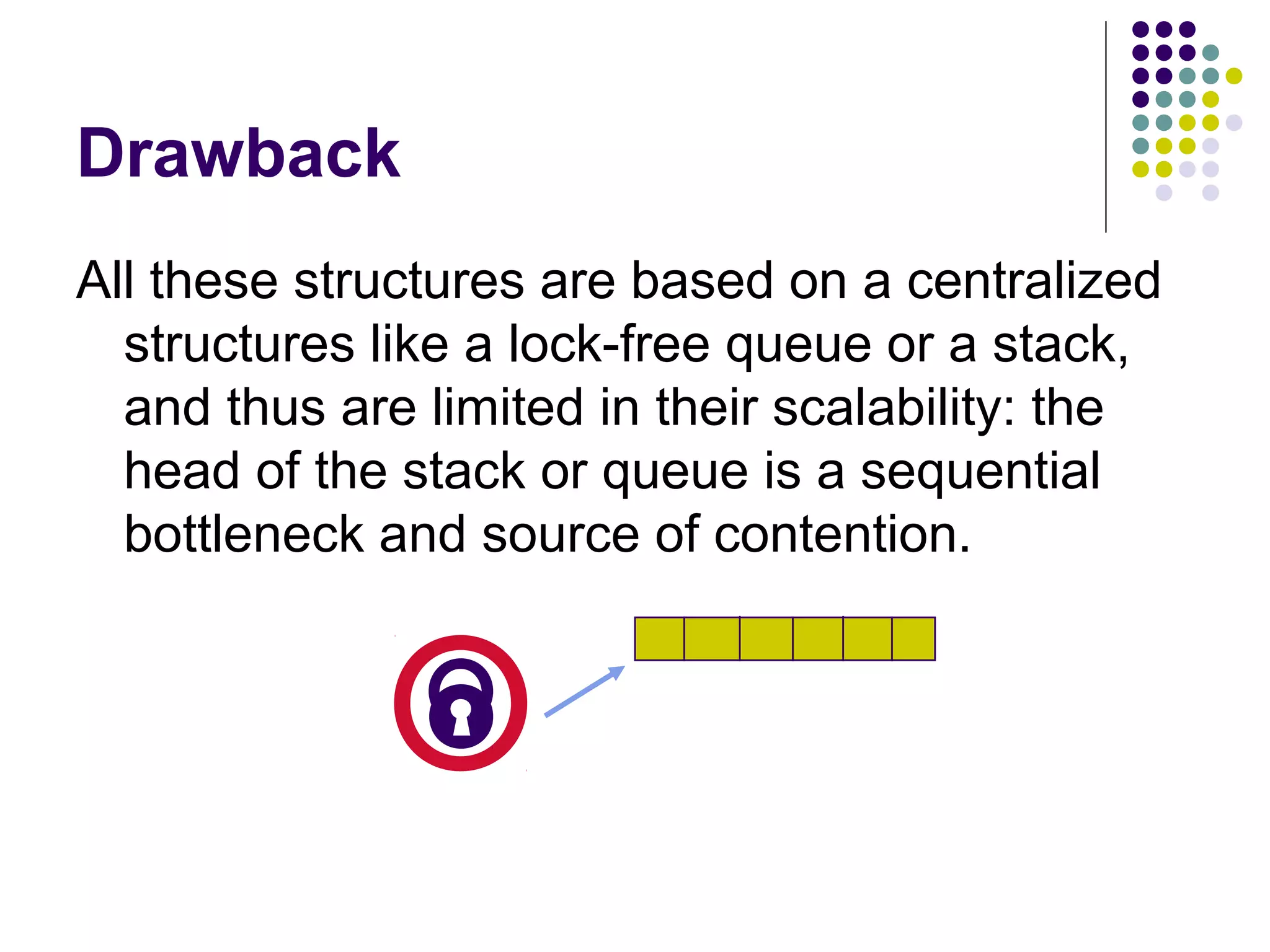 Drawback
All these structures are based on a centralized
structures like a lock-free queue or a stack,
and thus are limited in their scalability: the
head of the stack or queue is a sequential
bottleneck and source of contention.

 
