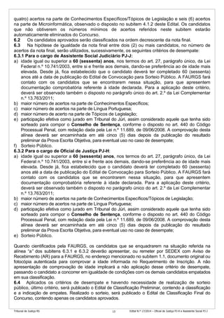 Tribunal de Justiça RS Edital N.º 17/2014 – Oficial de Justiça PJ-H e Assistente Social PJ-J13
quatro) acertos na parte de Conhecimentos Específicos/Tópicos de Legislação e seis (6) acertos
na parte de Microinformática, observado o disposto no subitem 4.1.2 deste Edital. Os candidatos
que não obtiverem os números mínimos de acertos referidos neste subitem estarão
automaticamente eliminados do Concurso.
6.2 Os candidatos aprovados serão classificados na ordem decrescente da nota final.
6.3 Na hipótese de igualdade da nota final entre dois (2) ou mais candidatos, no número de
acertos da nota final, serão utilizados, sucessivamente, os seguintes critérios de desempate:
6.3.1 Para o cargo de Assistente Social Judiciário PJ-J:
a) idade igual ou superior a 60 (sessenta) anos, nos termos do art. 27, parágrafo único, da Lei
Federal n.º 10.741/2003, entre si e frente aos demais, dando-se preferência ao de idade mais
elevada. Desde já, fica estabelecido que o candidato deverá ter completado 60 (sessenta)
anos até a data de publicação do Edital de Convocação para Sorteio Público. A FAURGS fará
contato com os candidatos que se encontrarem nessa situação, para que apresentem
documentação comprobatória referente à idade declarada. Para a aplicação deste critério,
deverá ser observado também o disposto no parágrafo único do art. 2.º da Lei Complementar
n.º 13.763/2011;
b) maior número de acertos na parte de Conhecimentos Específicos;
c) maior número de acertos na parte de Língua Portuguesa;
d) maior número de acerto na parte de Tópicos de Legislação;
e) participação efetiva como jurado em Tribunal do Júri, assim considerado aquele que tenha sido
sorteado para compor o Conselho de Sentença, conforme o disposto no art. 440 do Código
Processual Penal, com redação dada pela Lei n.º 11.689, de 09/06/2008. A comprovação desta
alínea deverá ser encaminhada em até cinco (5) dias depois da publicação do resultado
preliminar da Prova Escrita Objetiva, para eventual uso no caso de desempate;
f) Sorteio Público.
6.3.2 Para o cargo de Oficial de Justiça PJ-H:
a) idade igual ou superior a 60 (sessenta) anos, nos termos do art. 27, parágrafo único, da Lei
Federal n.º 10.741/2003, entre si e frente aos demais, dando-se preferência ao de idade mais
elevada. Desde já, fica estabelecido que o candidato deverá ter completado 60 (sessenta)
anos até a data de publicação do Edital de Convocação para Sorteio Público. A FAURGS fará
contato com os candidatos que se encontrarem nessa situação, para que apresentem
documentação comprobatória referente à idade declarada. Para a aplicação deste critério,
deverá ser observado também o disposto no parágrafo único do art. 2.º da Lei Complementar
n.º 13.763/2011;
b) maior número de acertos na parte de Conhecimentos Específicos/Tópicos de Legislação;
c) maior número de acertos na parte de Língua Portuguesa;
d) participação efetiva como jurado em Tribunal do Júri, assim considerado aquele que tenha sido
sorteado para compor o Conselho de Sentença, conforme o disposto no art. 440 do Código
Processual Penal, com redação dada pela Lei n.º 11.689, de 09/06/2008. A comprovação desta
alínea deverá ser encaminhada em até cinco (5) dias depois da publicação do resultado
preliminar da Prova Escrita Objetiva, para eventual uso no caso de desempate;
e) Sorteio Público.
Quando cientificados pela FAURGS, os candidatos que se enquadrarem na situação referida na
alínea “a” dos subitens 6.3.1 e 6.3.2 deverão apresentar, ou remeter por SEDEX com Aviso de
Recebimento (AR) para a FAURGS, no endereço mencionado no subitem 1.1, documento original ou
fotocópia autenticada para comprovar a idade informada no Requerimento de Inscrição. A não
apresentação de comprovação de idade implicará a não aplicação desse critério de desempate,
passando o candidato a concorrer em igualdade de condições com os demais candidatos empatados
em sua classificação.
6.4 Aplicados os critérios de desempate e havendo necessidade de realização de sorteio
público, último critério, será publicado o Edital de Classificação Preliminar, contendo a classificação
e a indicação de empates. Realizado o sorteio, será publicado o Edital de Classificação Final do
Concurso, contendo apenas os candidatos aprovados.
 